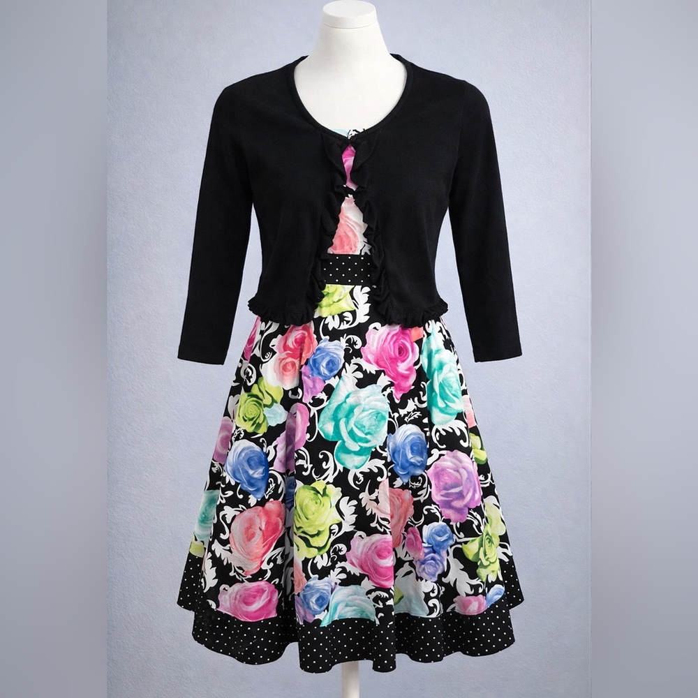 J. Khaki Black Dress with Multicolor Floral Pattern Size XL
